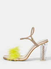 Women's Fashionable And Sexy Square-Toed Stiletto Sandals With Transparent Heels And Furry Details