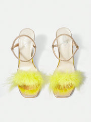 Women's Fashionable And Sexy Square-Toed Stiletto Sandals With Transparent Heels And Furry Details