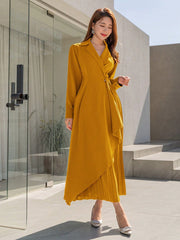 Ladies' Lapel Neck Long Sleeve Dress With Pleated Hem