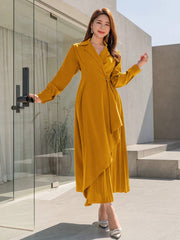 Ladies' Lapel Neck Long Sleeve Dress With Pleated Hem