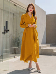 Ladies' Lapel Neck Long Sleeve Dress With Pleated Hem