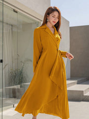 Ladies' Lapel Neck Long Sleeve Dress With Pleated Hem