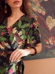 TROPICAL PRINT SURPLICE NECK FLUTTER SLEEVE WRAP BELTED DRESS