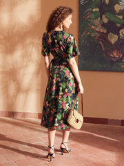 TROPICAL PRINT SURPLICE NECK FLUTTER SLEEVE WRAP BELTED DRESS