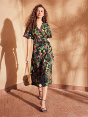 TROPICAL PRINT SURPLICE NECK FLUTTER SLEEVE WRAP BELTED DRESS