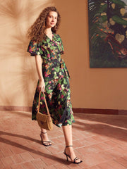 TROPICAL PRINT SURPLICE NECK FLUTTER SLEEVE WRAP BELTED DRESS