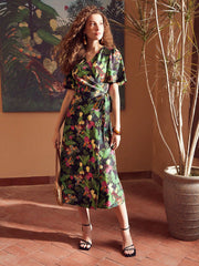 TROPICAL PRINT SURPLICE NECK FLUTTER SLEEVE WRAP BELTED DRESS