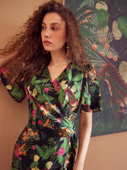 TROPICAL PRINT SURPLICE NECK FLUTTER SLEEVE WRAP BELTED DRESS