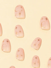 24pcs Gold Metallic Moon & Star Pattern Short Almond Press On Nails