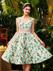 Women Vintage Plant Print Vacation Spaghetti Strap Umbrella Swing Dress With Lace And Pleats Mother Day Dress Summer Women Dresses Women Dresses Summer Dress Sundress Hawaiian Maxi Dress Summer Outfits Floral Dress Green Dress Derby Dress Retro Mother Da