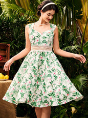 Women Vintage Plant Print Vacation Spaghetti Strap Umbrella Swing Dress With Lace And Pleats Mother Day Dress Summer Women Dresses Women Dresses Summer Dress Sundress Hawaiian Maxi Dress Summer Outfits Floral Dress Green Dress Derby Dress Retro Mother Da