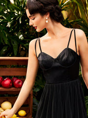 Summer Vintage Elegant Pleated Cami Midi Dress For Vacation Mother Day Dress Summer Women Dresses Summer Dress Sundress Concert Outfits Hawaiian Summer Outfits Sundress Short Wedding Guest Summer Black Dress Retro Dresses Graduation Homecoming Dresses Mo