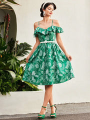 Vintage Vacation Plant Printed Cold-Shoulder Dress With Ruffled Hemline And Umbrella Dress Mother Day Dress Summer Women Dresses Summer Dress Sundress Hawaiian Dress Summer Outfits Floral Dress Green Dress Derby Dress Retro Mother Day Outfit Concert Outf