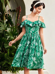 Vintage Vacation Plant Printed Cold-Shoulder Dress With Ruffled Hemline And Umbrella Dress Mother Day Dress Summer Women Dresses Summer Dress Sundress Hawaiian Dress Summer Outfits Floral Dress Green Dress Derby Dress Retro Mother Day Outfit Concert Outf