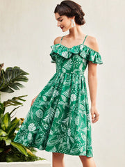 Vintage Vacation Plant Printed Cold-Shoulder Dress With Ruffled Hemline And Umbrella Dress Mother Day Dress Summer Women Dresses Summer Dress Sundress Hawaiian Dress Summer Outfits Floral Dress Green Dress Derby Dress Retro Mother Day Outfit Concert Outf