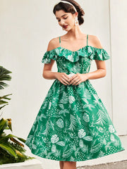 Vintage Vacation Plant Printed Cold-Shoulder Dress With Ruffled Hemline And Umbrella Dress Mother Day Dress Summer Women Dresses Summer Dress Sundress Hawaiian Dress Summer Outfits Floral Dress Green Dress Derby Dress Retro Mother Day Outfit Concert Outf