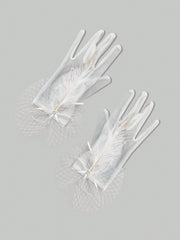 1 Pair Women's Elegant And Luxury Short Feather Mesh Fingerless Bridal Gloves, Adorned With Pearls/Mother Of Pearl, Lace, Bowknot, Feathers, Suitable For Wedding, Honeymoon, Party