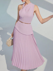 Women Solid Color Asymmetrical Collar Pleated Hem Elegant Summer Dress
