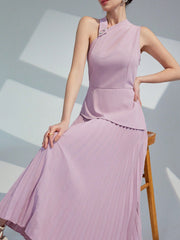 Women Solid Color Asymmetrical Collar Pleated Hem Elegant Summer Dress