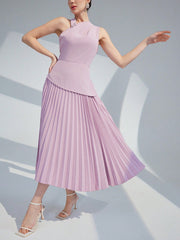 Women Solid Color Asymmetrical Collar Pleated Hem Elegant Summer Dress