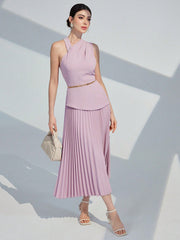 Women Solid Color Asymmetrical Collar Pleated Hem Elegant Summer Dress