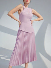 Women Solid Color Asymmetrical Collar Pleated Hem Elegant Summer Dress