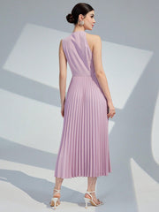 Women Solid Color Asymmetrical Collar Pleated Hem Elegant Summer Dress