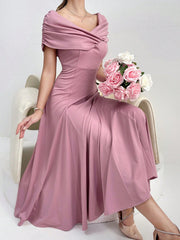 Solid Color Pleated Waist Elegant And Simple A-Line Dress