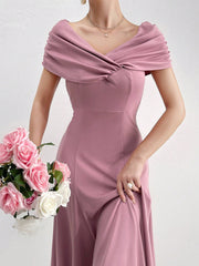 Solid Color Pleated Waist Elegant And Simple A-Line Dress