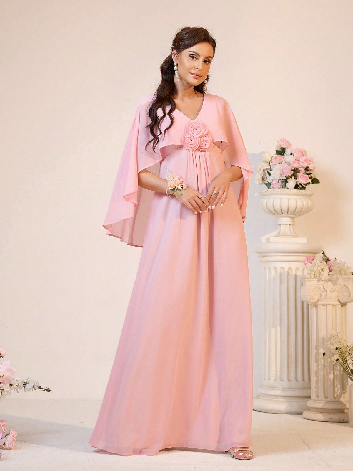 Pink Three-Dimensional Flower Bridesmaid Dress