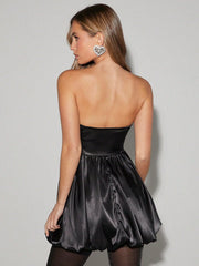 Women'S Black Satin Strapless Bubble Dress Night Out Party Dresses