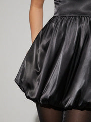 Women'S Black Satin Strapless Bubble Dress Night Out Party Dresses