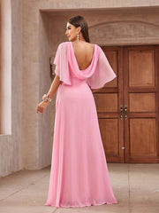 Pink Chiffon Ruffled Shawl Sleeves  Bridesmaid Dress