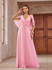 Pink Chiffon Ruffled Shawl Sleeves  Bridesmaid Dress