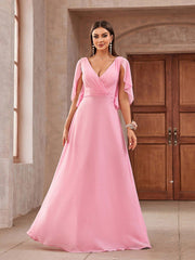 Pink Chiffon Ruffled Shawl Sleeves  Bridesmaid Dress