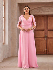 Pink Chiffon Ruffled Shawl Sleeves  Bridesmaid Dress