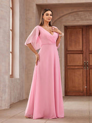 Pink Chiffon Ruffled Shawl Sleeves  Bridesmaid Dress