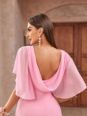 Pink Chiffon Ruffled Shawl Sleeves  Bridesmaid Dress