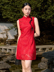 Women Sleeveless Red Lace Qipao Dress, New Chinese Style