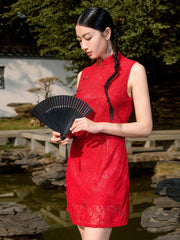 Women Sleeveless Red Lace Qipao Dress, New Chinese Style