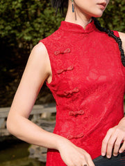 Women Sleeveless Red Lace Qipao Dress, New Chinese Style