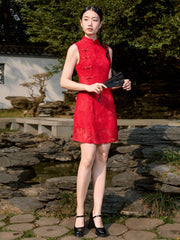Women Sleeveless Red Lace Qipao Dress, New Chinese Style