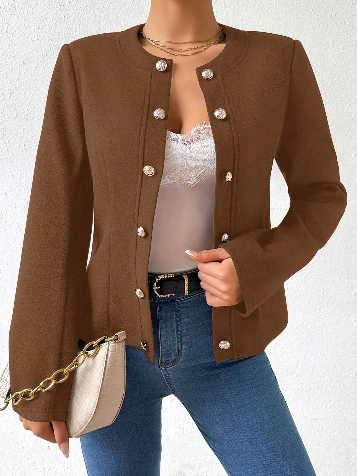 Spring And Autumn Casual Solid Color Front Button Woolen Coat