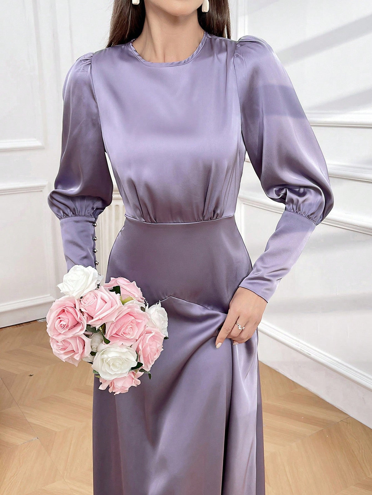 Women's Puff Long Sleeve Round Neck Dress