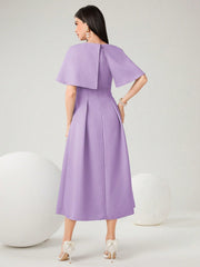 Women Summer Solid Color Round Neck Cape Sleeve Maxi Elegant Dress