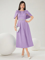 Women Summer Solid Color Round Neck Cape Sleeve Maxi Elegant Dress