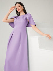 Women Summer Solid Color Round Neck Cape Sleeve Maxi Elegant Dress