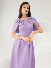 Women Summer Solid Color Round Neck Cape Sleeve Maxi Elegant Dress