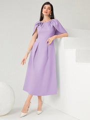 Women Summer Solid Color Round Neck Cape Sleeve Maxi Elegant Dress