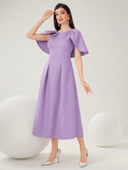 Women Summer Solid Color Round Neck Cape Sleeve Maxi Elegant Dress